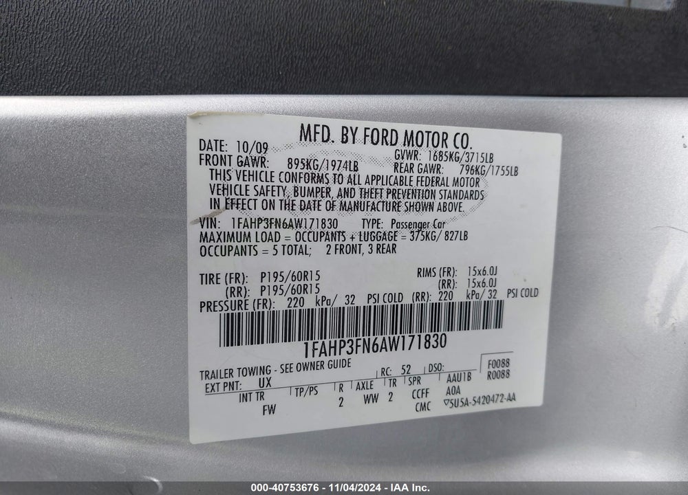 2010 FORD FOCUS SE VIN: 1FAHP3FN6AW171830
