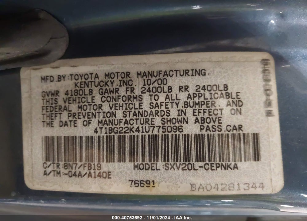 2001 TOYOTA CAMRY LE VIN: 4T1BG22K41U775096