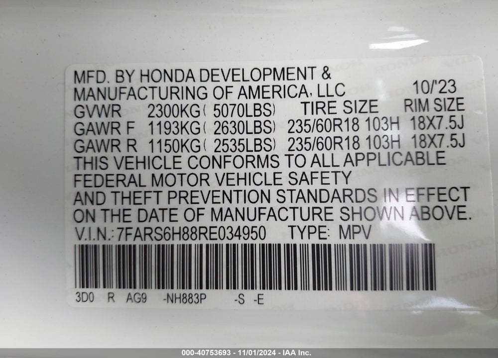 2024 HONDA CR-V HYBRID SPORT-L VIN: 7FARS6H88RE034950
