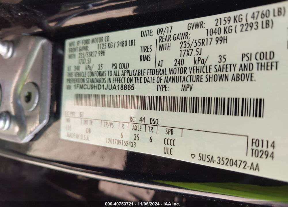 2018 FORD ESCAPE SEL VIN: 1FMCU9HD1JUA18865