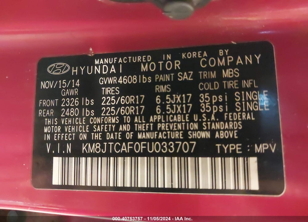 2015 HYUNDAI TUCSON GLS VIN: KM8JTCAF0FU033707