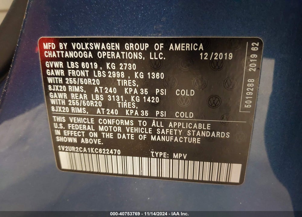 2019 VOLKSWAGEN ATLAS 3.6L V6 SE W/TECHNOLOGY VIN: 1V2UR2CA1KC622470