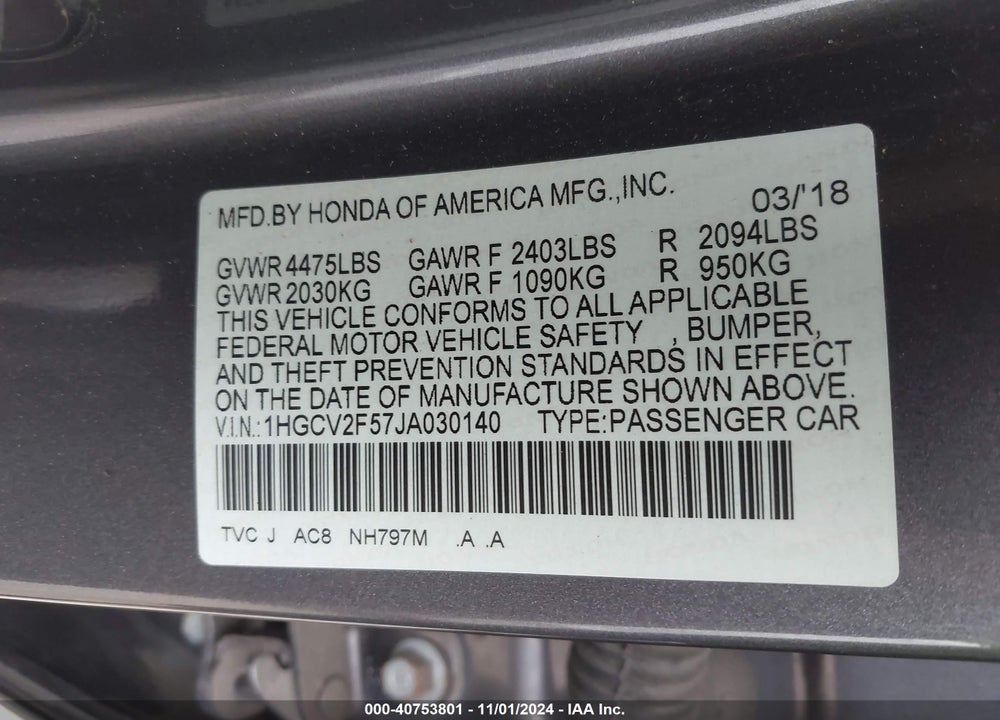 2018 HONDA ACCORD EX-L 2.0T VIN: 1HGCV2F57JA030140