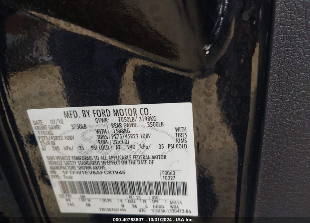 2010 HARLEY-DAVIDSON FORD F-150 FX4//KING RANCH/LARIAT/PLATINUM/XL/XLT VIN: 1FTFW1EV8AFC87945