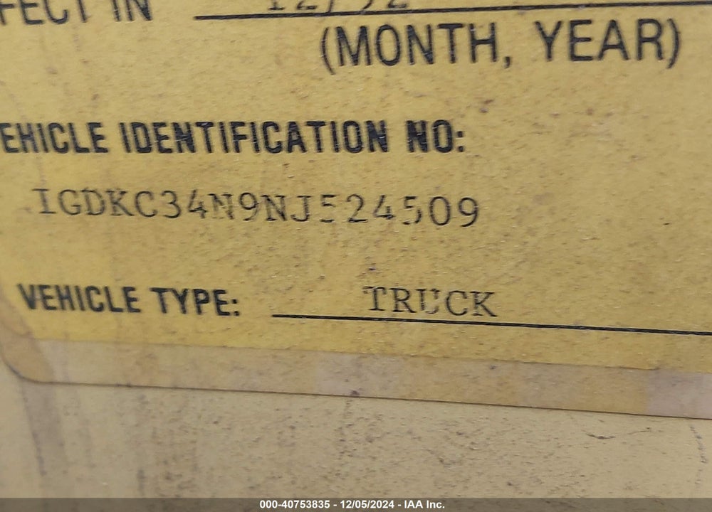 1992 GMC SIERRA C3500 HEAVY DUTY VIN: 1GDKC34N9NJ524509