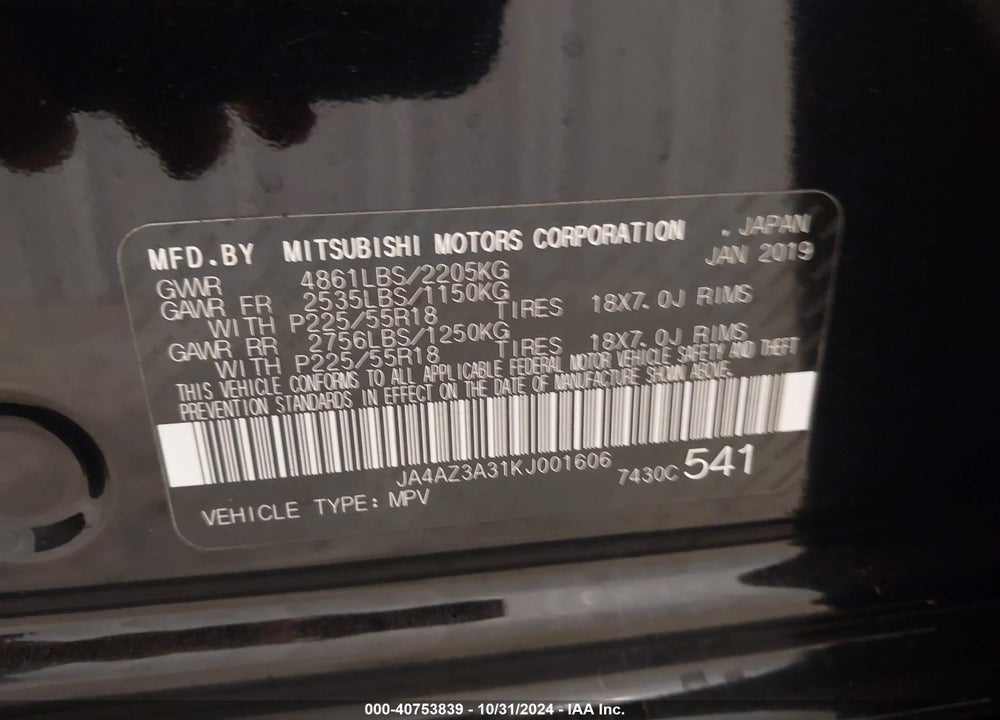 2019 MITSUBISHI OUTLANDER SEL VIN: JA4AZ3A31KJ001606