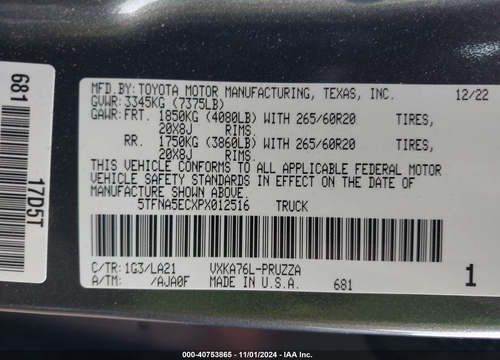 2023 TOYOTA TUNDRA PLATINUM VIN: 5TFNA5ECXPX012516