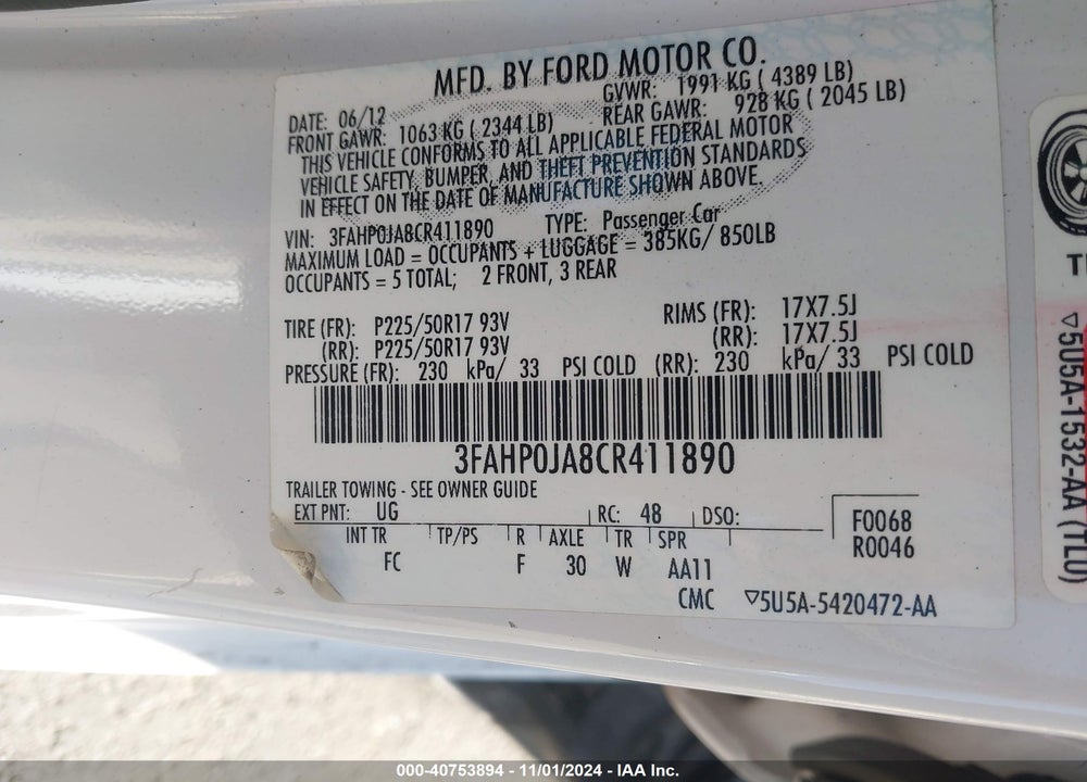 2012 FORD FUSION SEL VIN: 3FAHP0JA8CR411890