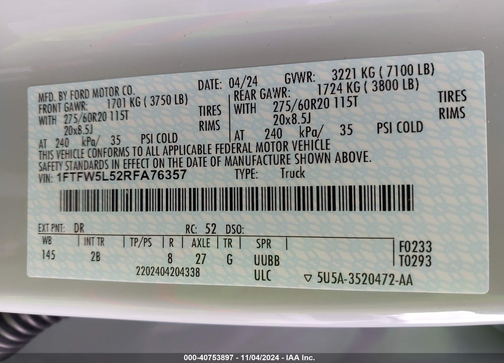 2024 FORD F-150 LARIAT VIN: 1FTFW5L52RFA76357