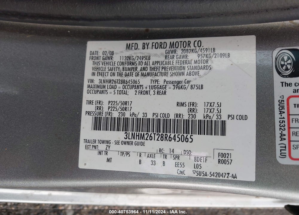 2008 LINCOLN MKZ VIN: 3LNHM26T28R645065