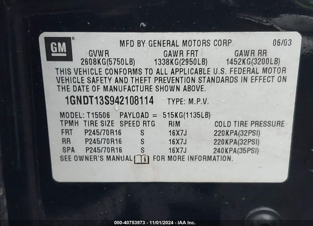 2004 CHEVROLET TRAILBLAZER LS VIN: 1GNDT13S942108114