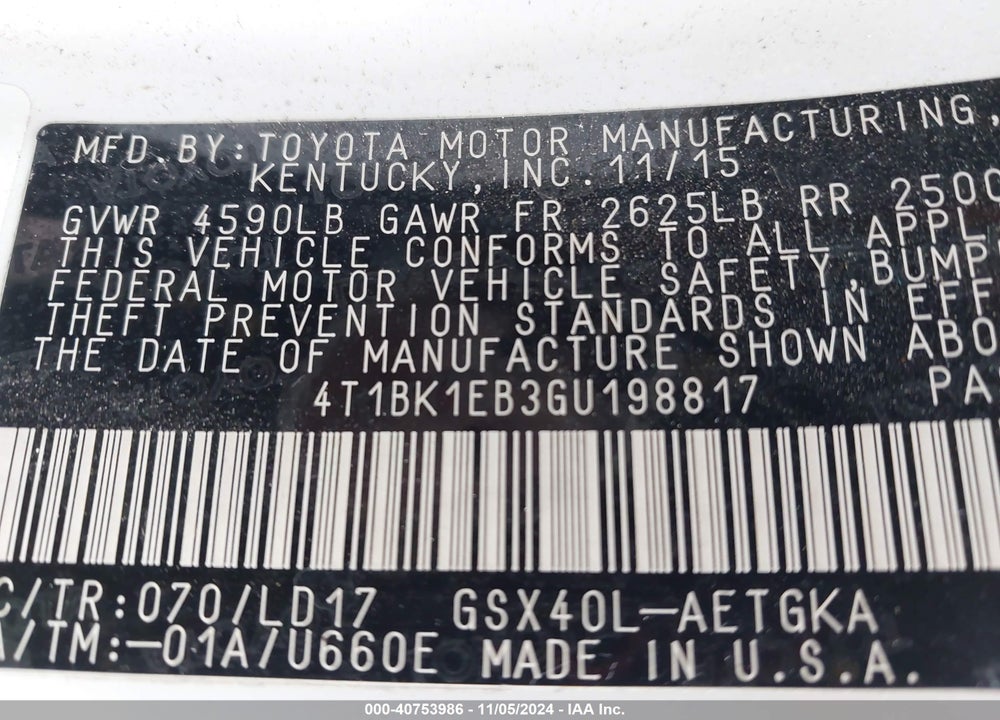 2016 TOYOTA AVALON XLE VIN: 4T1BK1EB3GU198817
