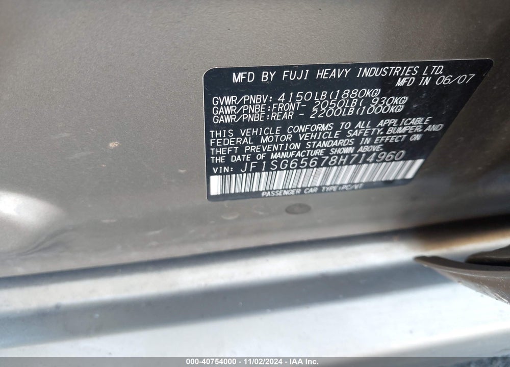 2008 SUBARU FORESTER 2.5X VIN: JF1SG65678H714960