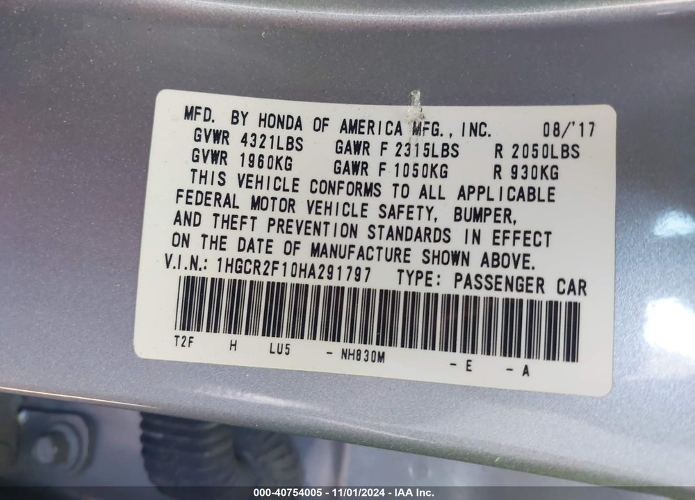 2017 HONDA ACCORD SPORT SE VIN: 1HGCR2F10HA291797