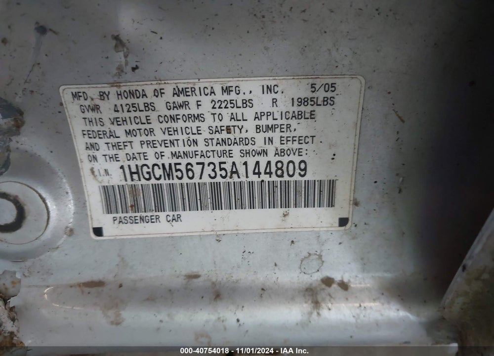 2005 HONDA ACCORD 2.4 EX VIN: 1HGCM56735A144809