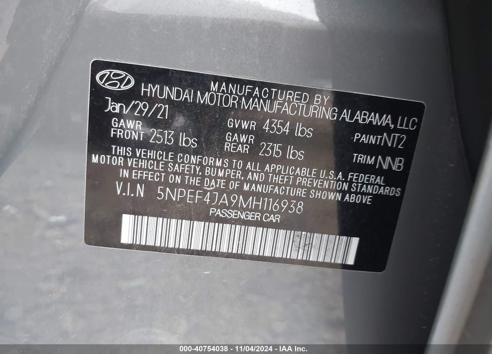 2021 HYUNDAI SONATA SEL VIN: 5NPEF4JA9MH116938