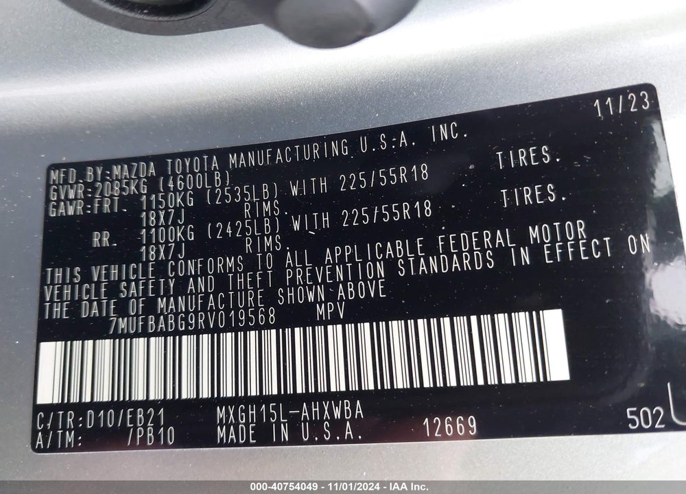 2024 TOYOTA COROLLA CROSS HYBRID XSE VIN: 7MUFBABG9RV019568