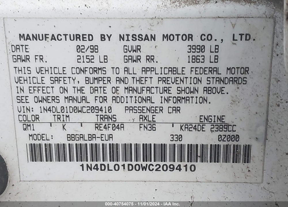 1998 NISSAN ALTIMA GLE/GXE/SE/XE VIN: 1N4DL01D0WC209410