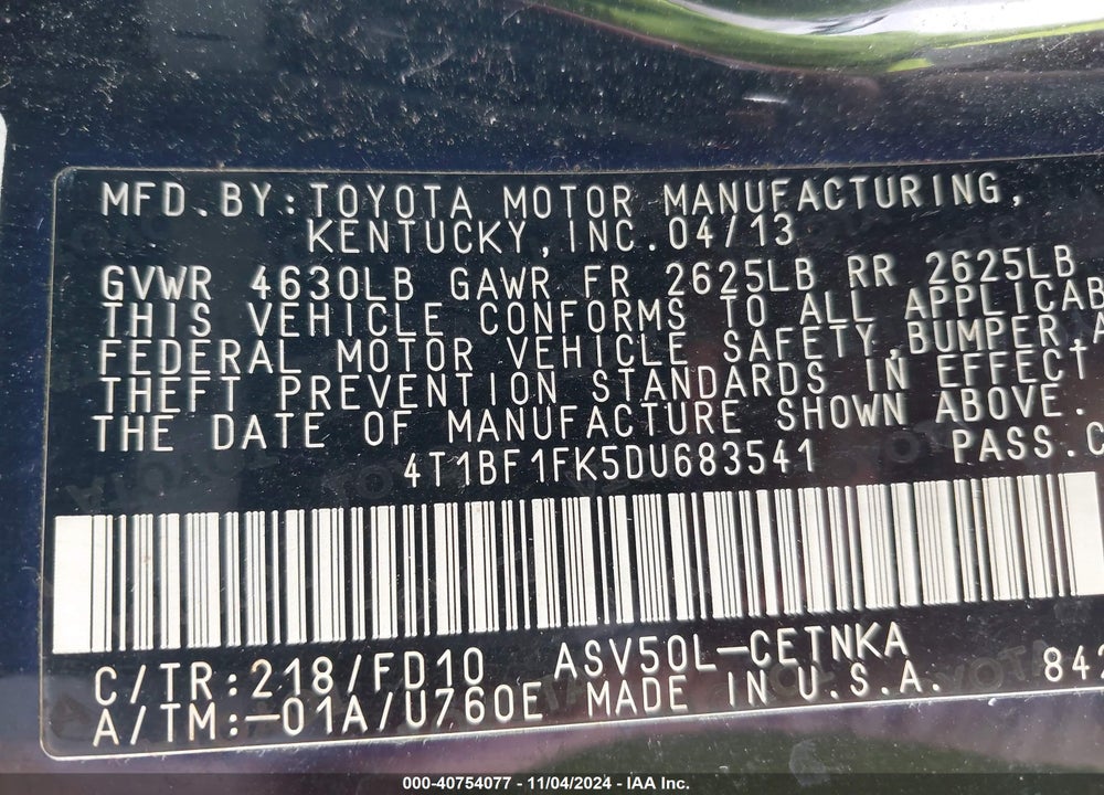 2013 TOYOTA CAMRY LE VIN: 4T1BF1FK5DU683541