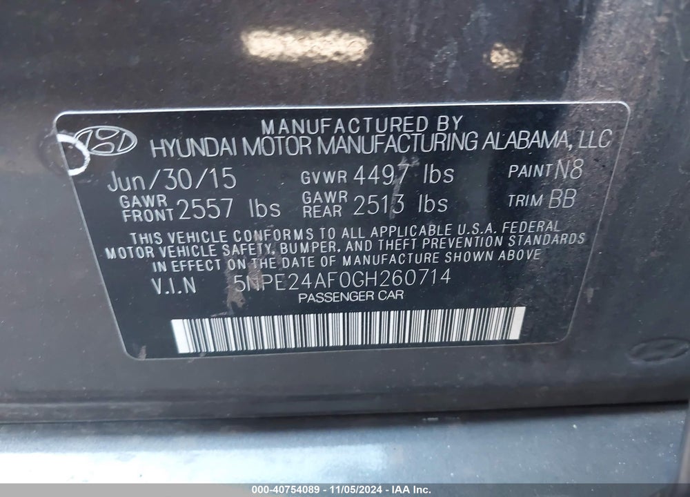 2016 HYUNDAI SONATA SE VIN: 5NPE24AF0GH260714
