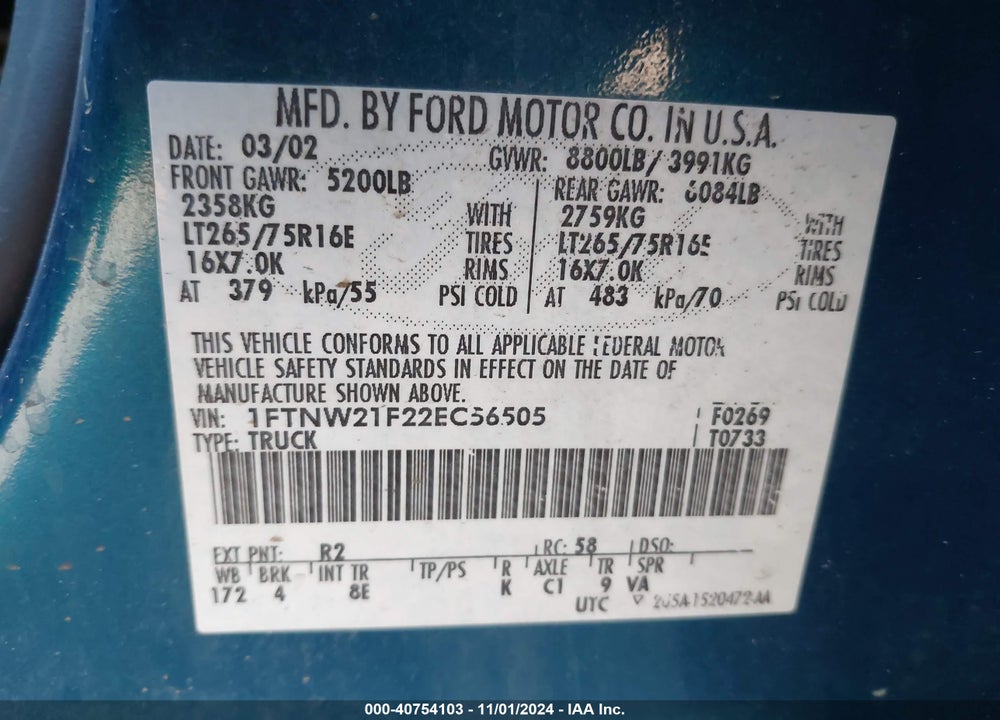 2002 FORD F-250 VIN: 1FTNW21F22EC56505
