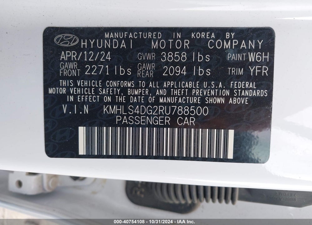 2024 HYUNDAI ELANTRA SEL VIN: KMHLS4DG2RU788500