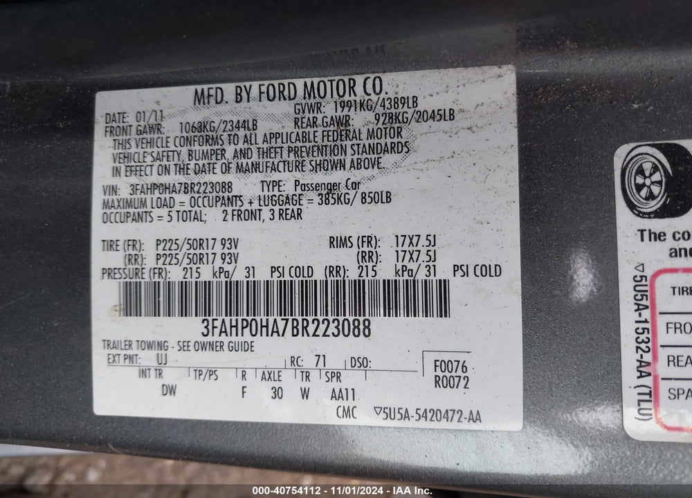 2011 FORD FUSION SE VIN: 3FAHP0HA7BR223088