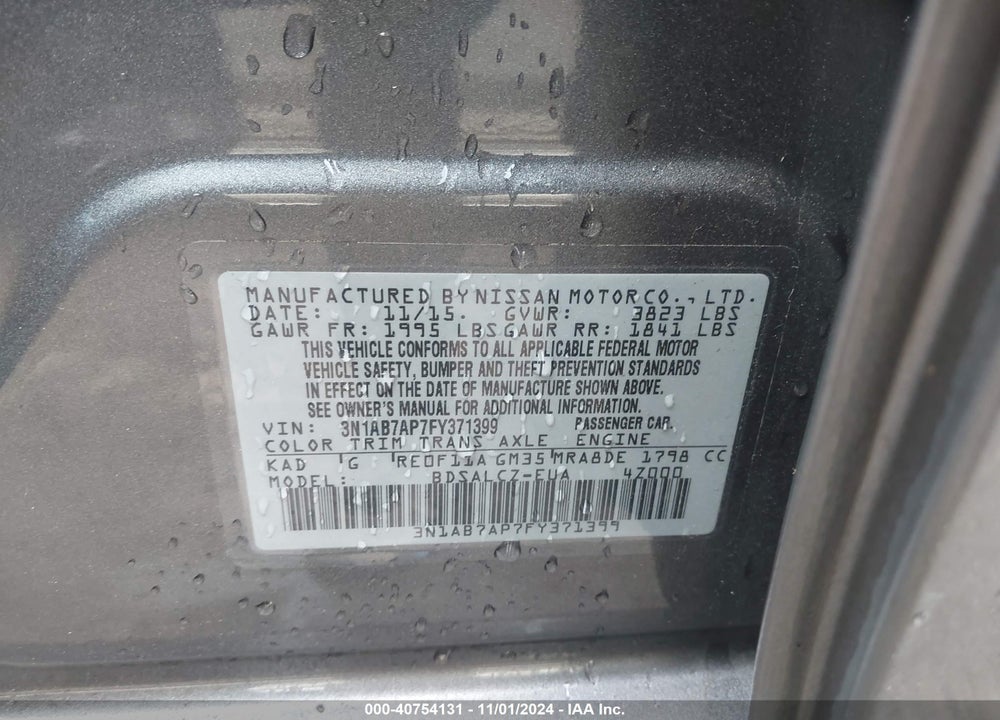 2015 NISSAN SENTRA S VIN: 3N1AB7AP7FY371399