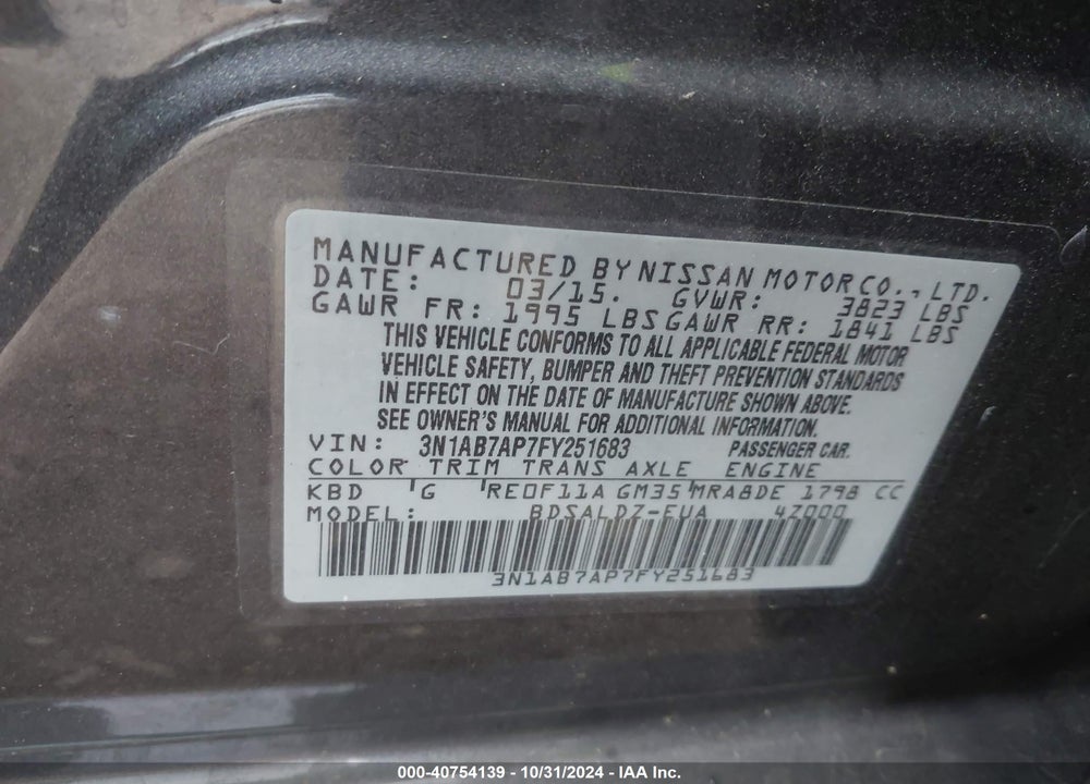 2015 NISSAN SENTRA FE+ S/S/SL/SR/SV VIN: 3N1AB7AP7FY251683