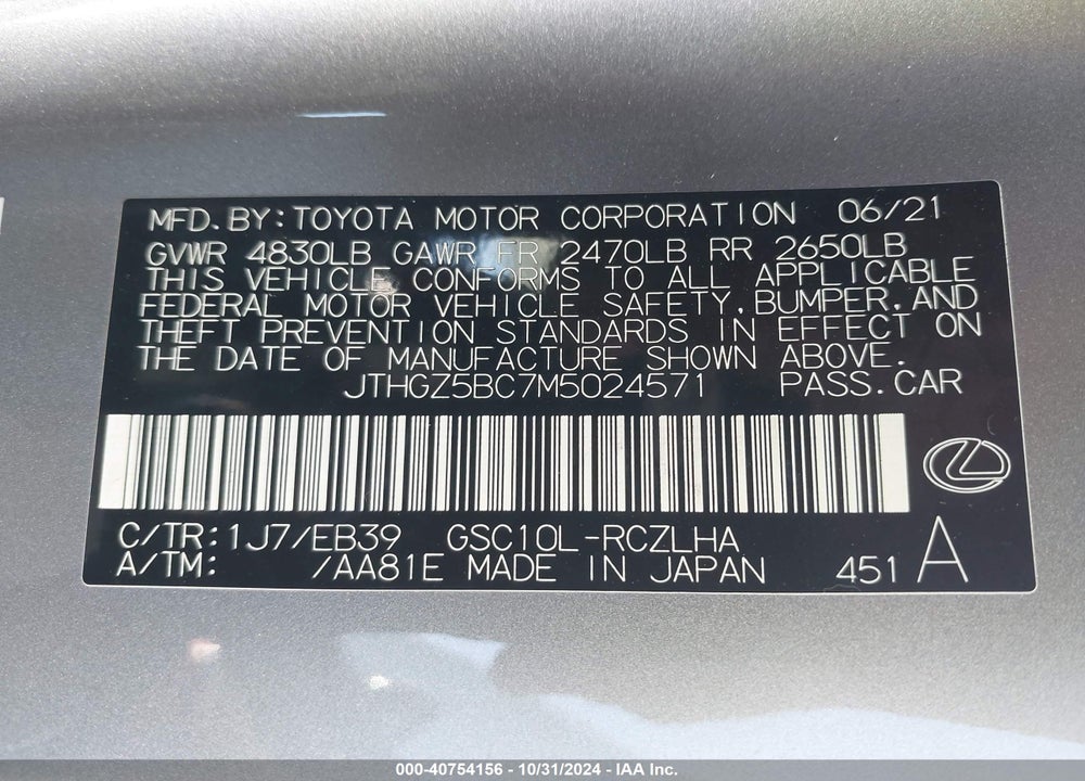 2021 LEXUS RC 350 F-SPORT VIN: JTHGZ5BC7M5024571
