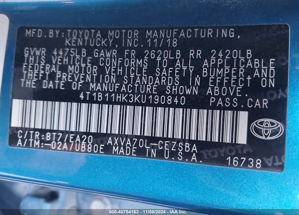 2019 TOYOTA CAMRY SE VIN: 4T1B11HK3KU190840