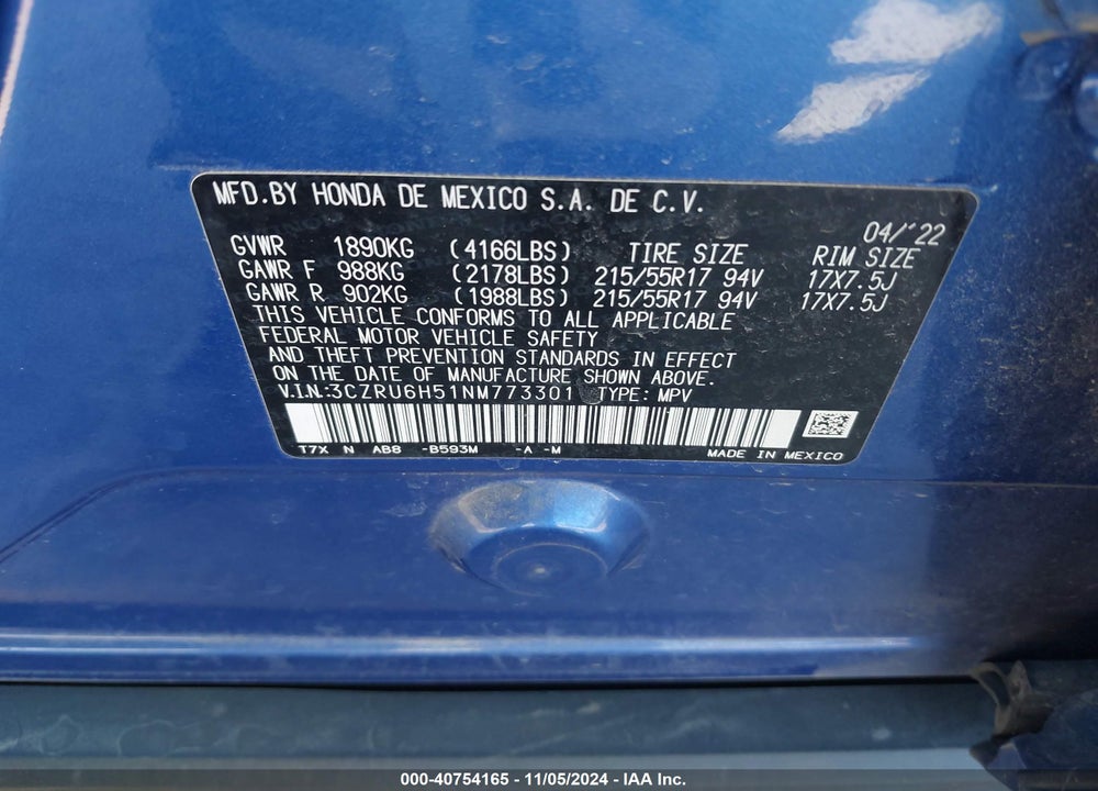 2022 HONDA HR-V AWD EX VIN: 3CZRU6H51NM773301