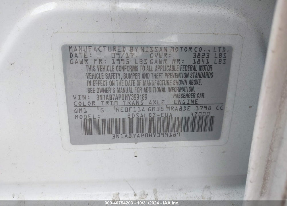 2017 NISSAN SENTRA SV VIN: 3N1AB7AP0HY399189