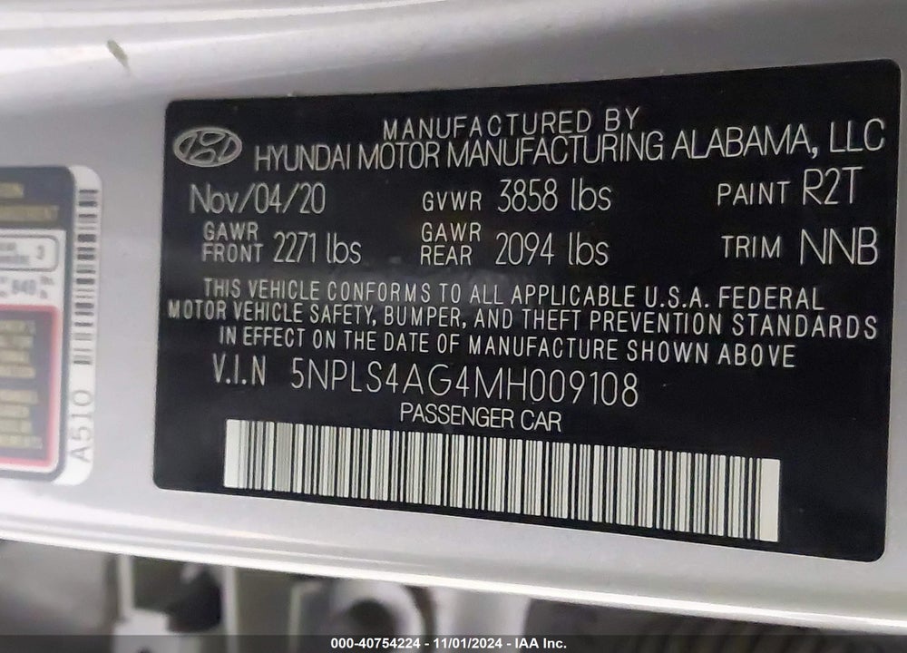 2021 HYUNDAI ELANTRA SEL VIN: 5NPLS4AG4MH009108