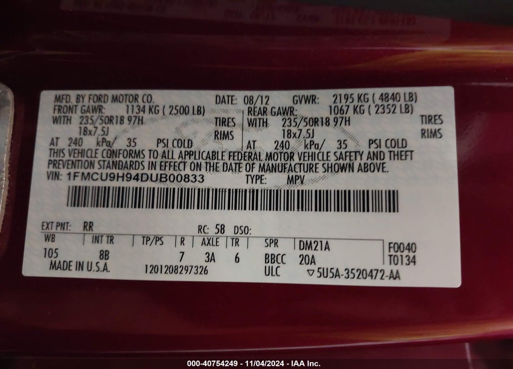 2013 FORD ESCAPE SEL VIN: 1FMCU9H94DUB00833