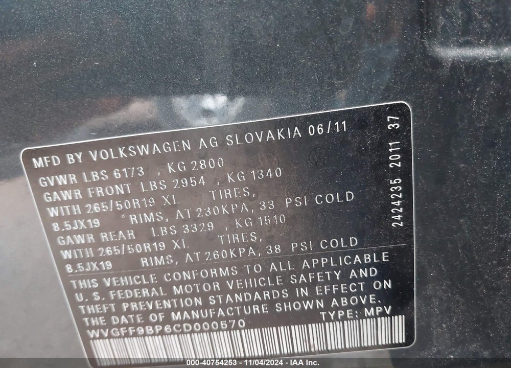 2012 VOLKSWAGEN TOUAREG VR6 LUX VIN: WVGFF9BP6CD000570