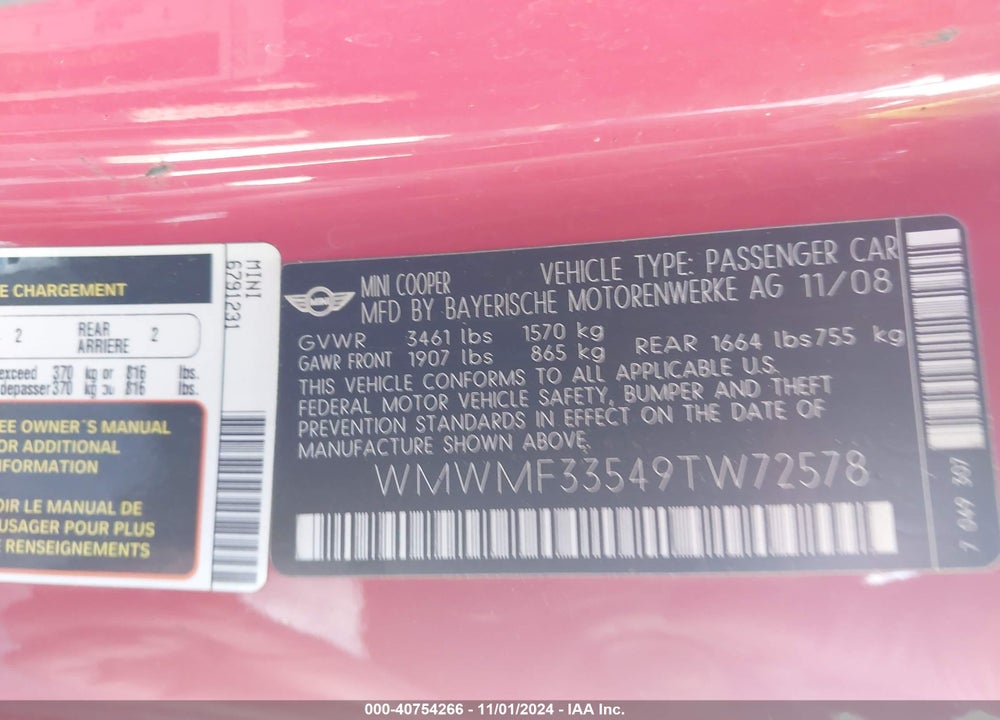 2009 MINI COOPER VIN: WMWMF33549TW72578