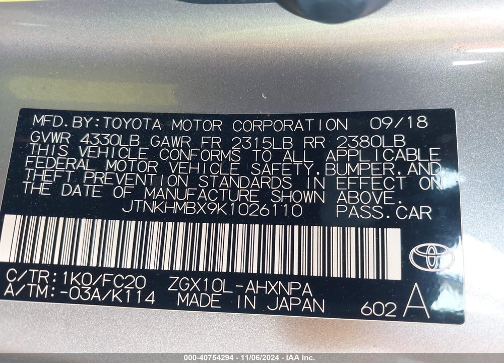 2019 TOYOTA C-HR LE VIN: JTNKHMBX9K1026110