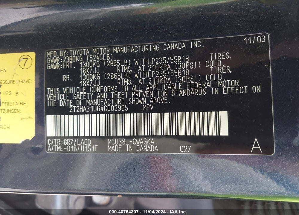 2004 LEXUS RX 330 BASE (A5) VIN: 2T2HA31U64C003995