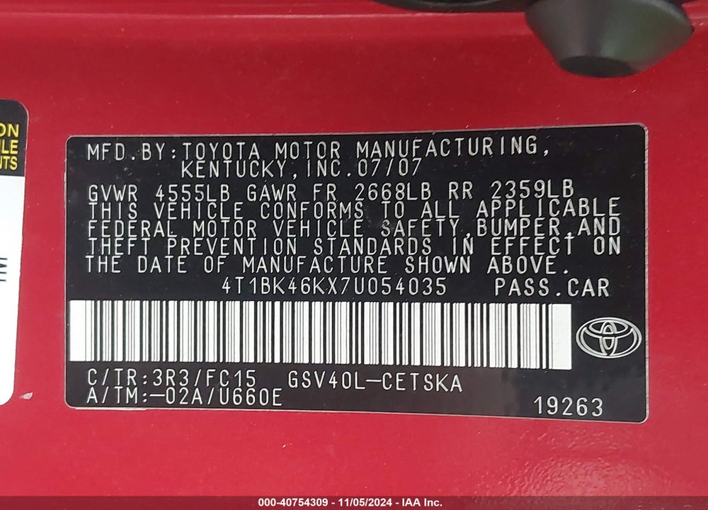 2007 TOYOTA CAMRY SE V6 VIN: 4T1BK46KX7U054035