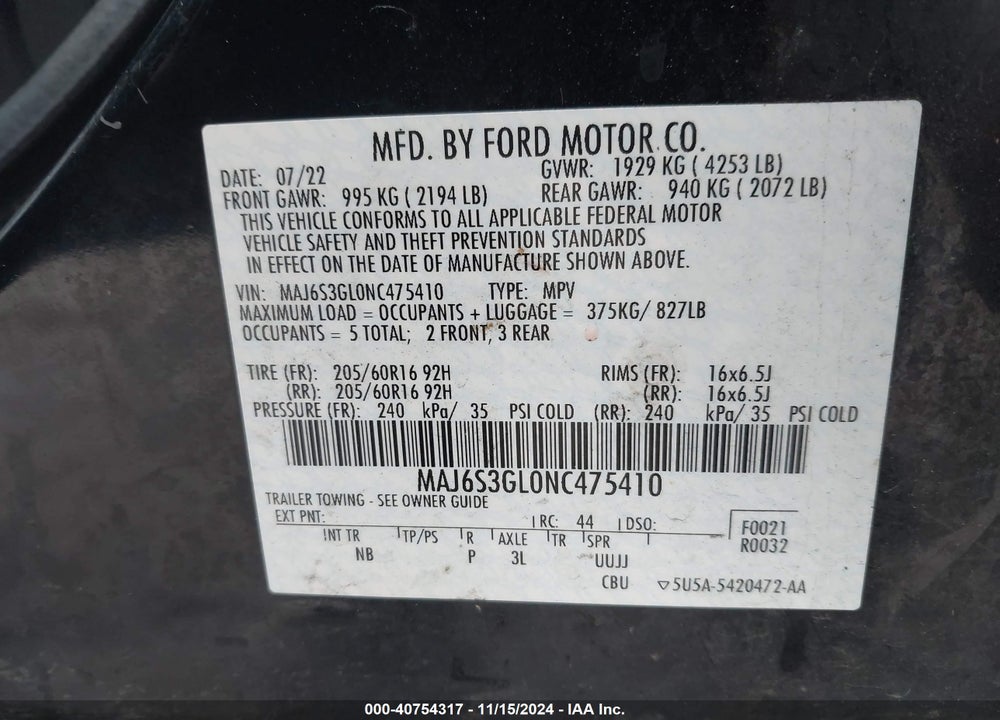 2022 FORD ECOSPORT SE VIN: MAJ6S3GL0NC475410