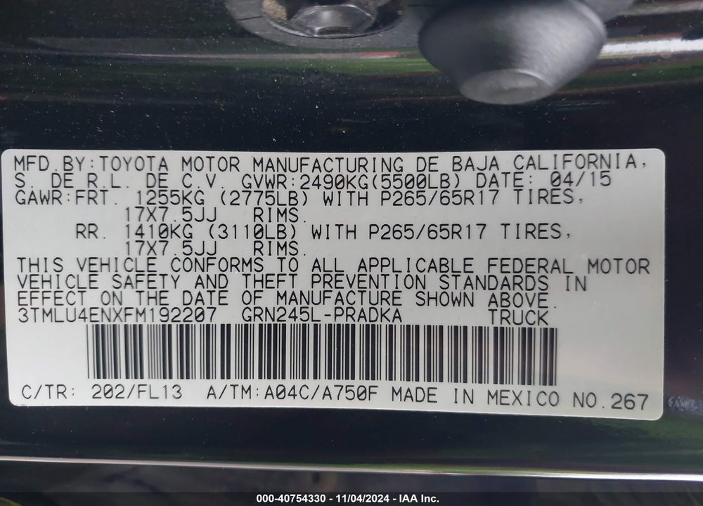 2015 TOYOTA TACOMA DOUBLE CAB/TRD PRO VIN: 3TMLU4ENXFM192207