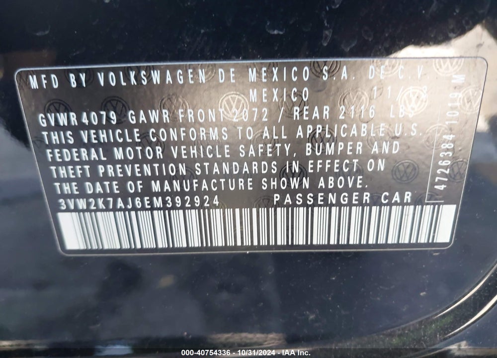 2014 VOLKSWAGEN JETTA 2.0L S VIN: 3VW2K7AJ6EM392924