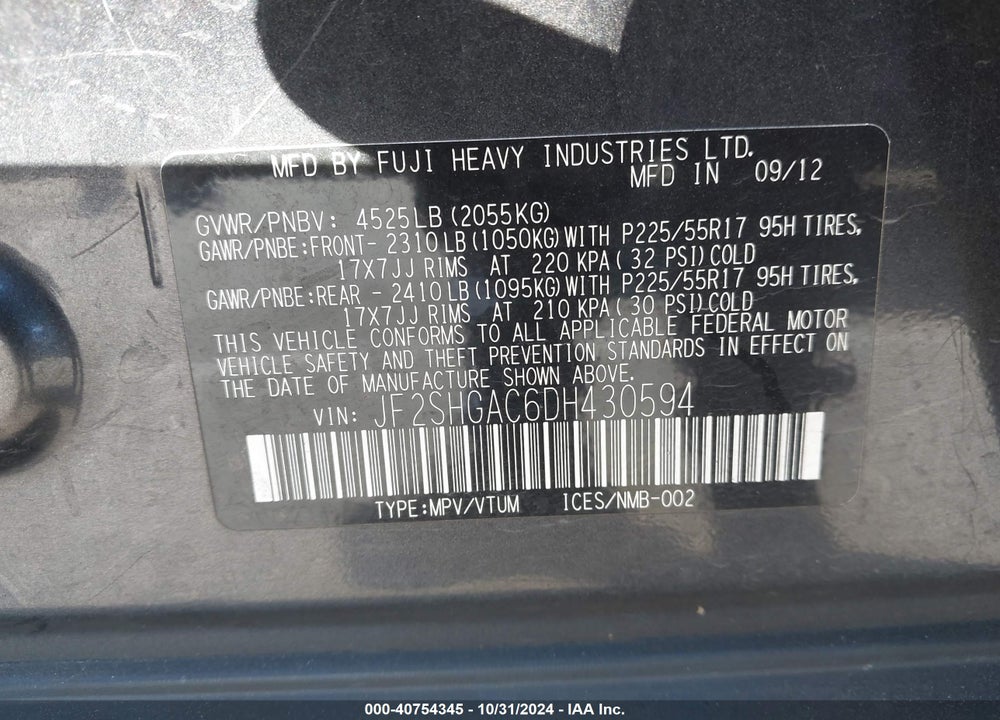 2013 SUBARU FORESTER VIN: JF2SHGAC6DH430594