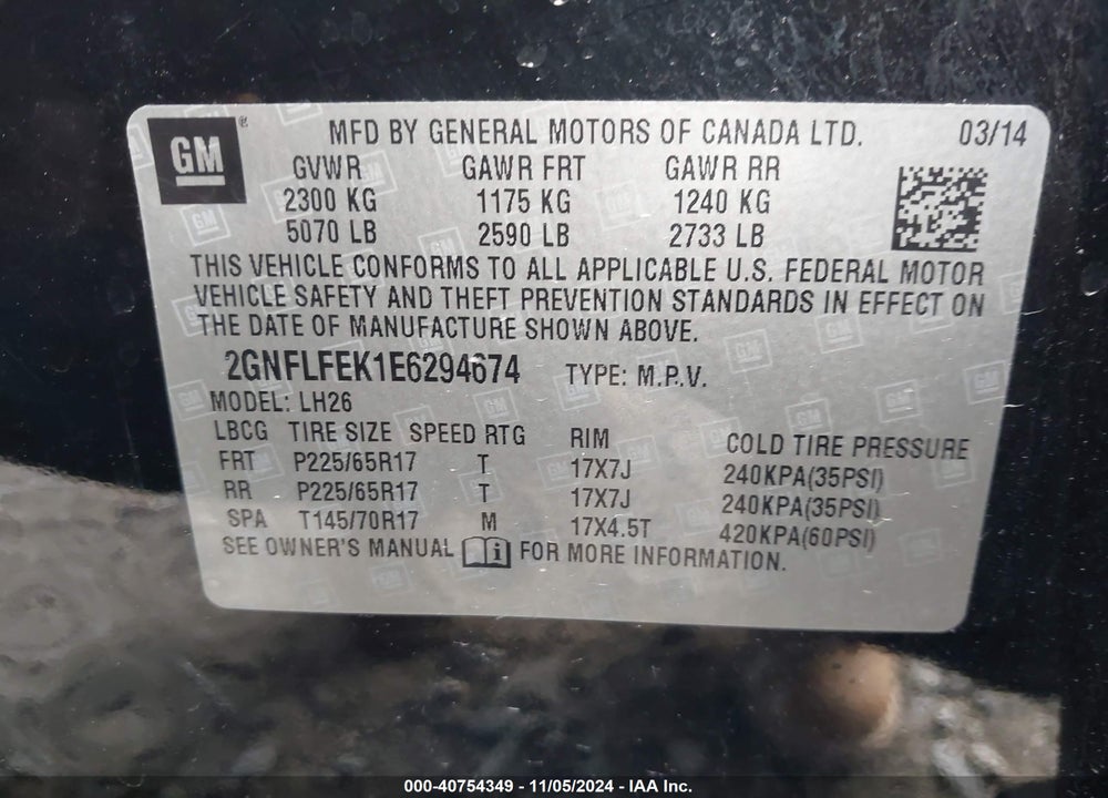 2014 CHEVROLET EQUINOX 1LT VIN: 2GNFLFEK1E6294674