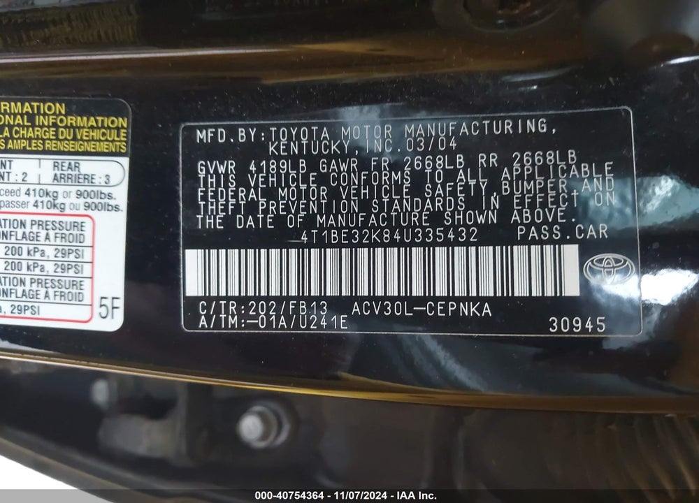 2004 TOYOTA CAMRY LE VIN: 4T1BE32K84U335432