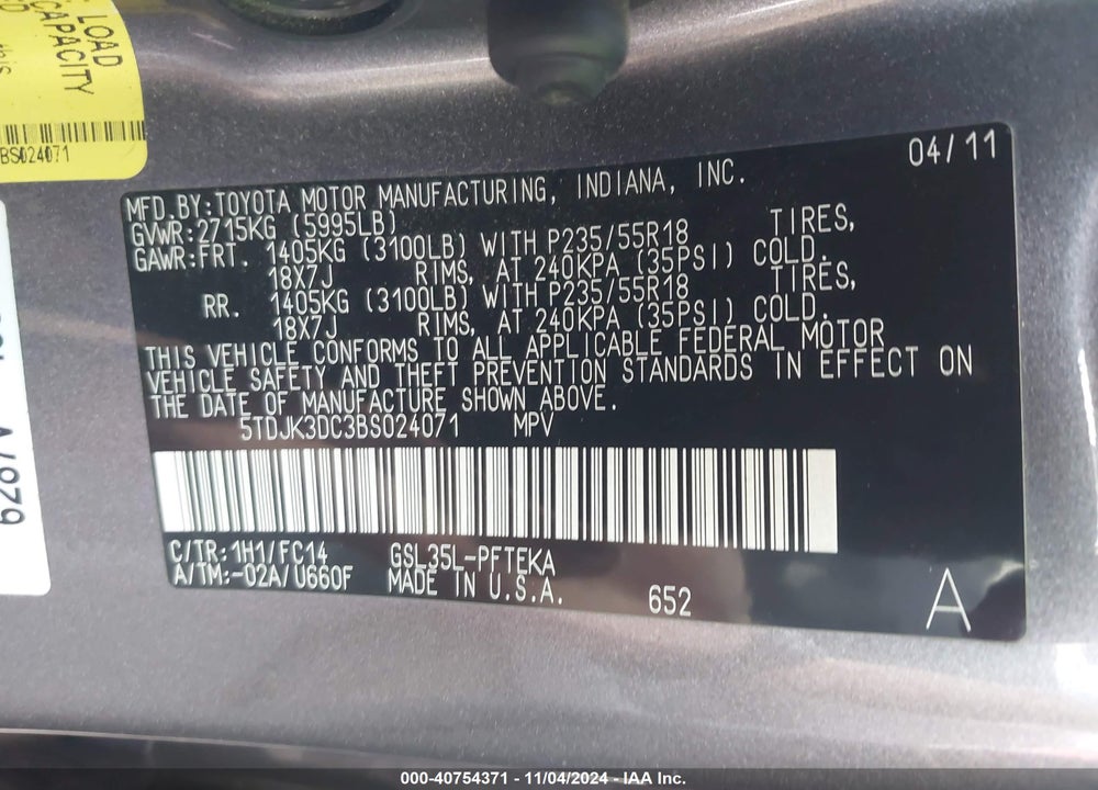 2011 TOYOTA SIENNA LE VIN: 5TDJK3DC3BS024071
