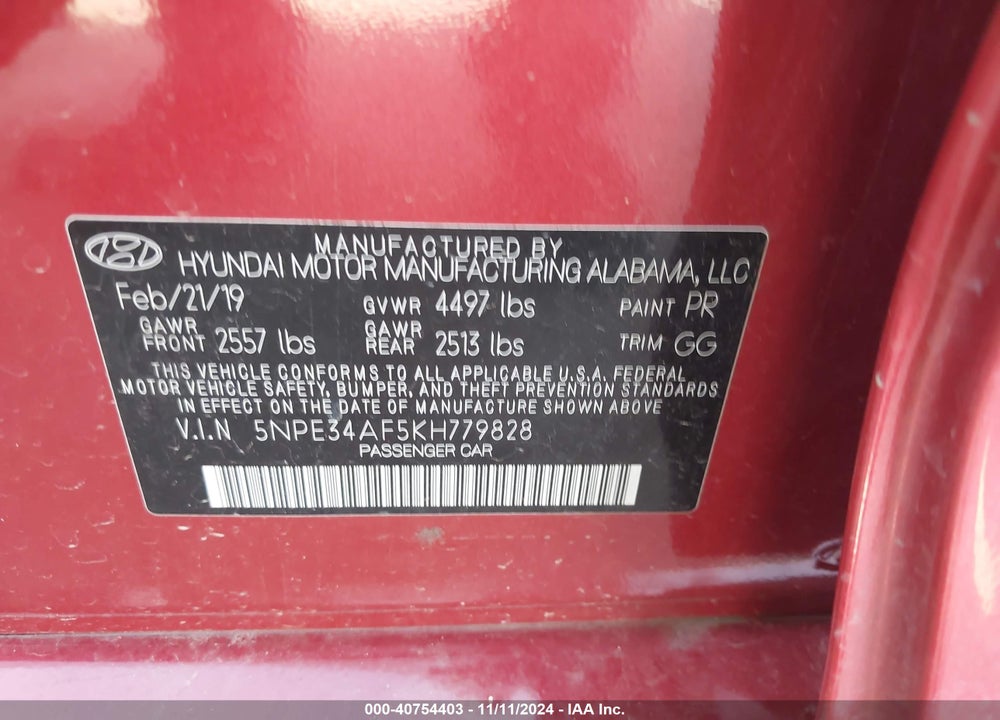 2019 HYUNDAI SONATA LIMITED VIN: 5NPE34AF5KH779828