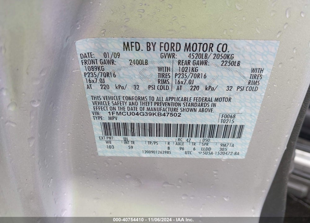 2009 FORD ESCAPE LIMITED VIN: 1FMCU04G39KB47502
