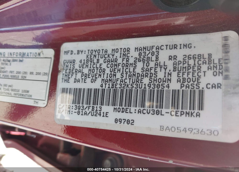 2003 TOYOTA CAMRY LE VIN: 4T1BE32K53U193054